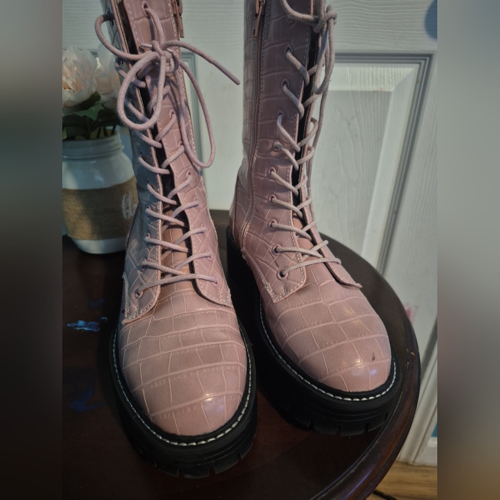 Sugar Pink Lace Up Boots with Rugged Sole